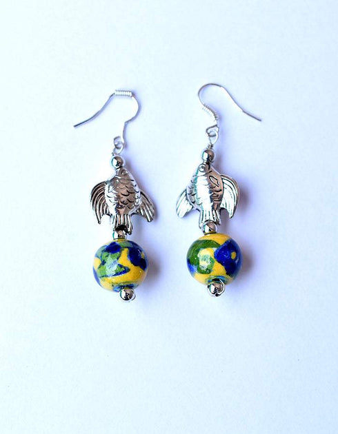 Metal Fish & Blue Pottery Earring (Yellow)